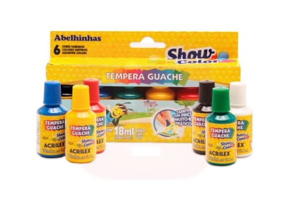 Tinta Guache 6 Cores + Pincel - Acrilex