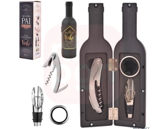 Kit Para Vinho Com Saca Rolha + Anel Corta Gotas 3 Acessorios No Estojo Garrafa Pai